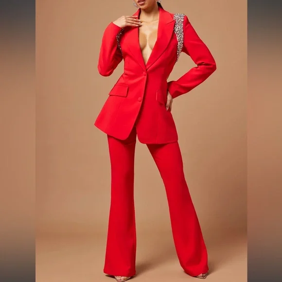 Claire Embellished Blazer Pant Suit Set - Red - Picture 4 of 7